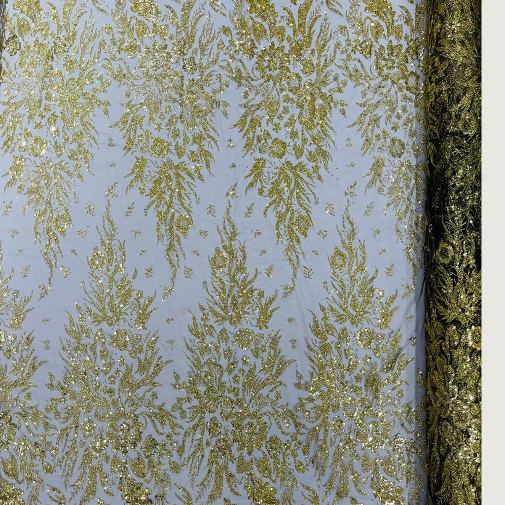 Damask Lace - Gold/Black - Glitter Big Damask Design Fabric 58” Wide For Quinsiañera Dresses - Prom Dress Sold By The Yard