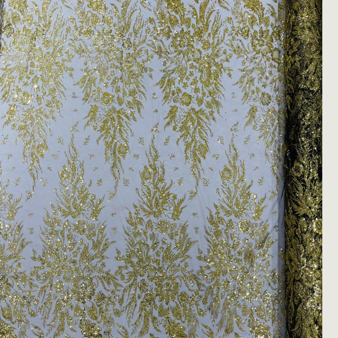 Damask Lace - Gold/Black - Glitter Big Damask Design Fabric 58” Wide For Quinsiañera Dresses - Prom Dress Sold By The Yard