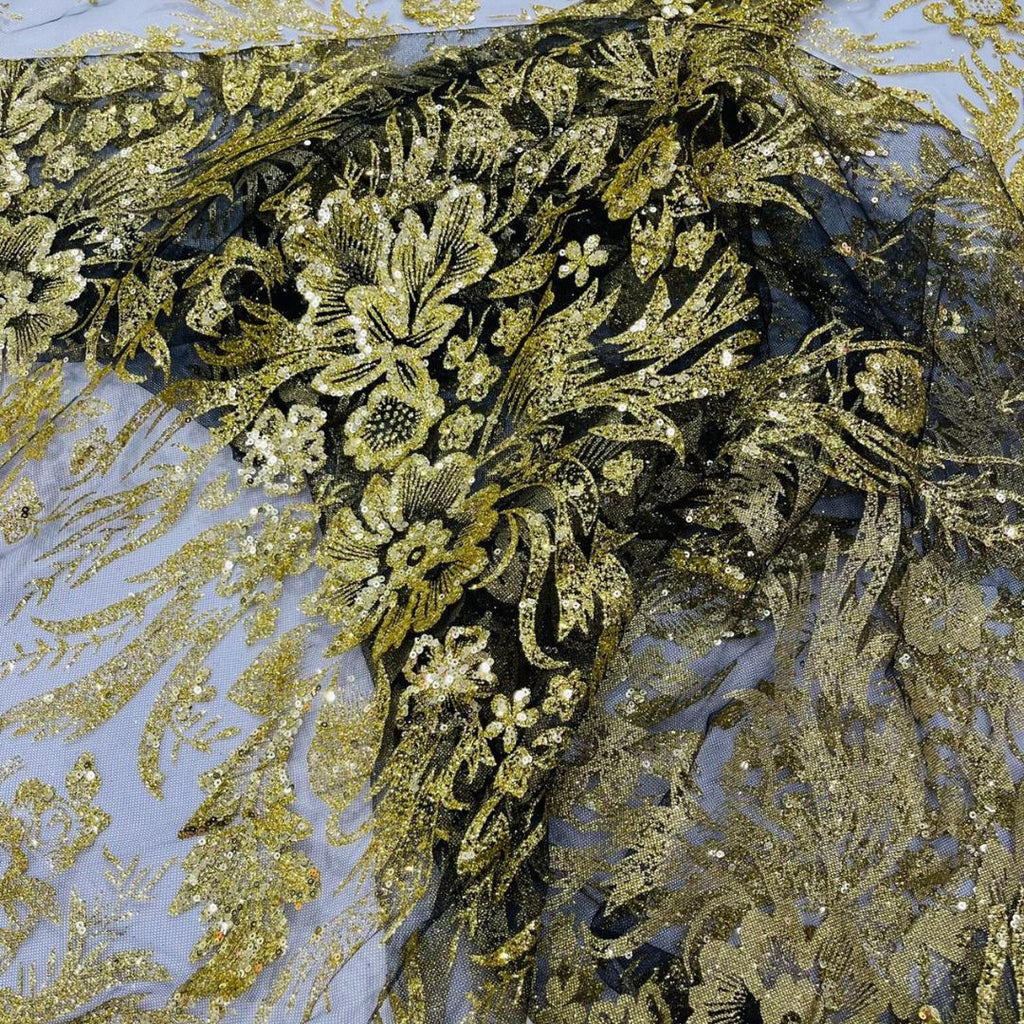 Damask Lace - Gold/Black - Glitter Big Damask Design Fabric 58” Wide For Quinsiañera Dresses - Prom Dress Sold By The Yard