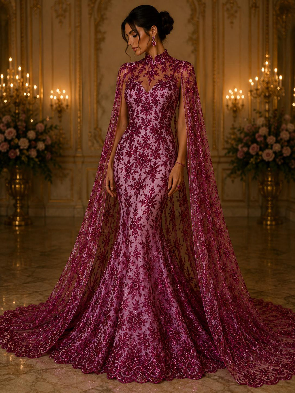 Damask Lace - Fuchsia - Glitter Big Damask Design Fabric 58” Wide For Quinsiañera Dresses - Prom Dress Sold By The Yard