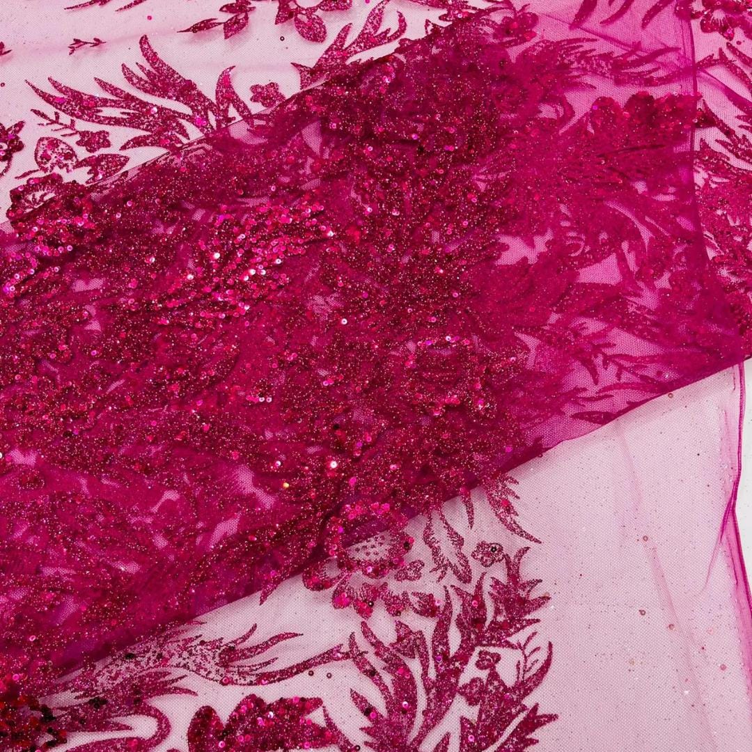 Damask Lace - Fuchsia - Glitter Big Damask Design Fabric 58” Wide For Quinsiañera Dresses - Prom Dress Sold By The Yard