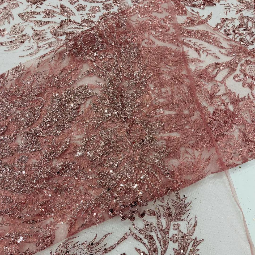 Damask Lace - Dusty Rose - Glitter Big Damask Design Fabric 58” Wide For Quinsiañera Dresses - Prom Dress Sold By The Yard