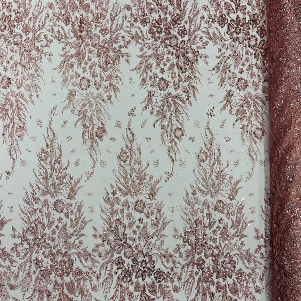 Damask Lace - Dusty Rose - Glitter Big Damask Design Fabric 58” Wide For Quinsiañera Dresses - Prom Dress Sold By The Yard