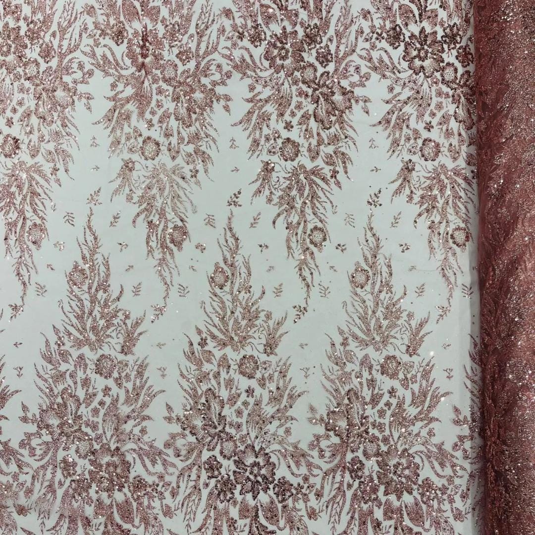 Damask Lace - Dusty Rose - Glitter Big Damask Design Fabric 58” Wide For Quinsiañera Dresses - Prom Dress Sold By The Yard