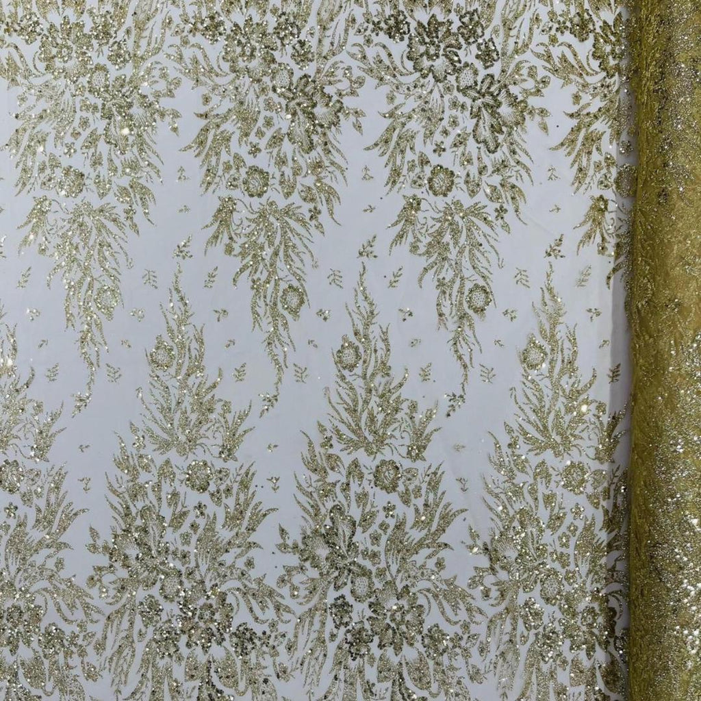 Damask Lace - Gold - Glitter Big Damask Design Fabric 58” Wide For Quinsiañera Dresses - Prom Dress Sold By The Yard