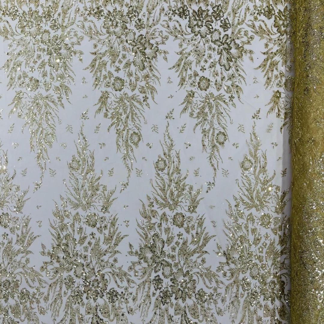 Damask Lace - Gold - Glitter Big Damask Design Fabric 58” Wide For Quinsiañera Dresses - Prom Dress Sold By The Yard