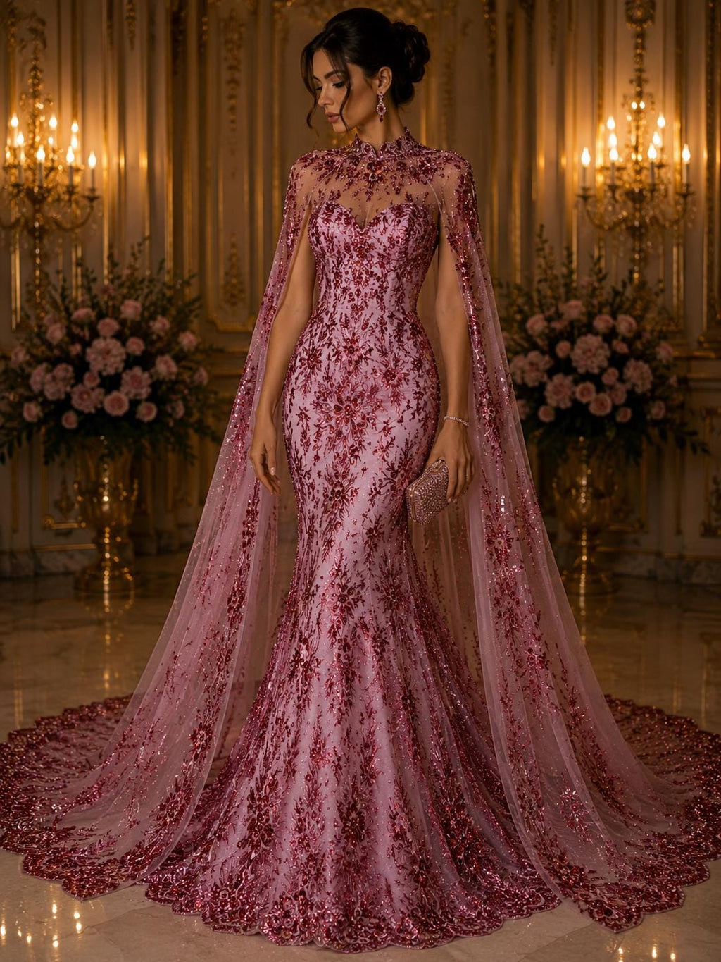 Damask Lace - Burgundy - Glitter Big Damask Design Fabric 58” Wide For Quinsiañera Dresses - Prom Dress Sold By The Yard