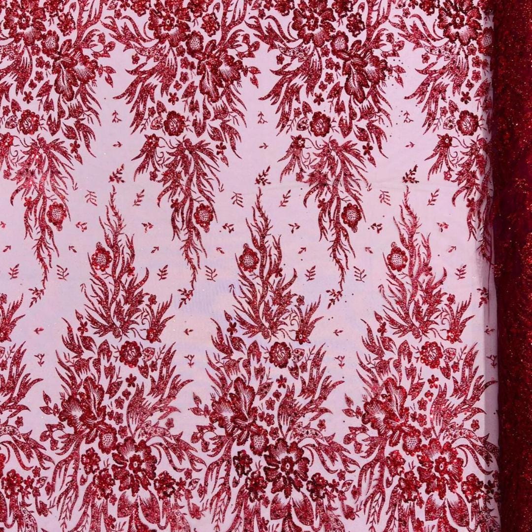 Damask Lace - Burgundy - Glitter Big Damask Design Fabric 58” Wide For Quinsiañera Dresses - Prom Dress Sold By The Yard