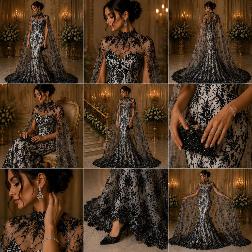 Damask Lace - Black - Glitter Big Damask Design Fabric 58” Wide For Quinsiañera Dresses - Prom Dress Sold By The Yard