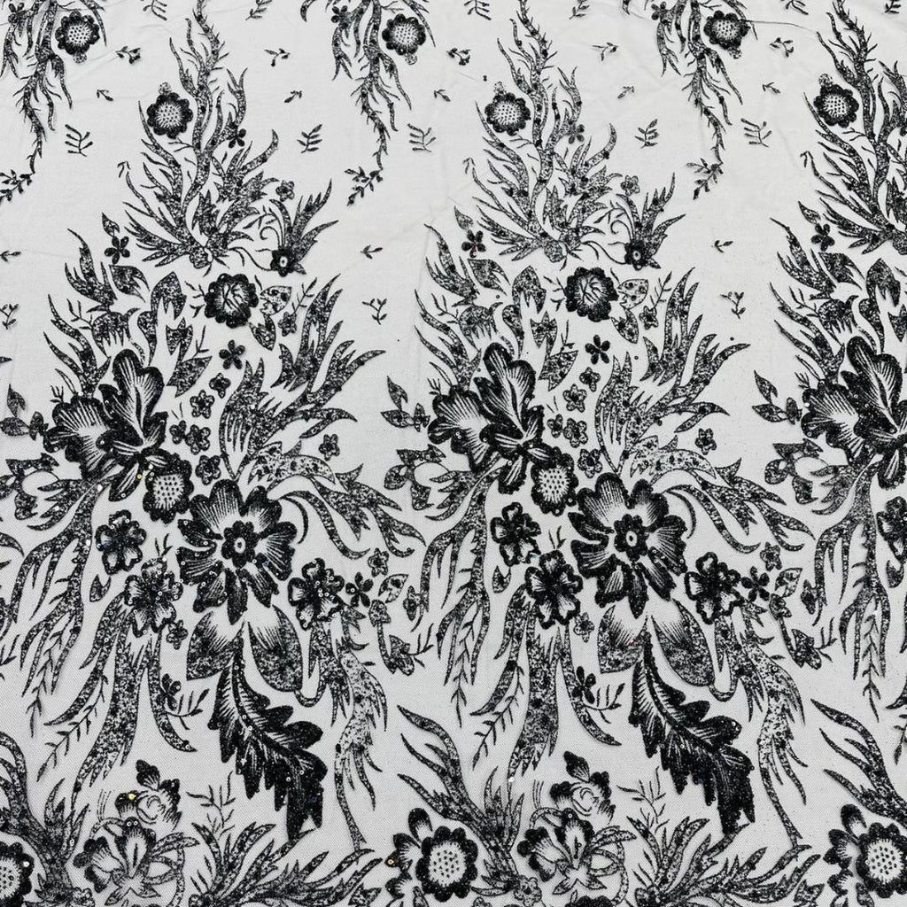 Damask Lace - Black - Glitter Big Damask Design Fabric 58” Wide For Quinsiañera Dresses - Prom Dress Sold By The Yard