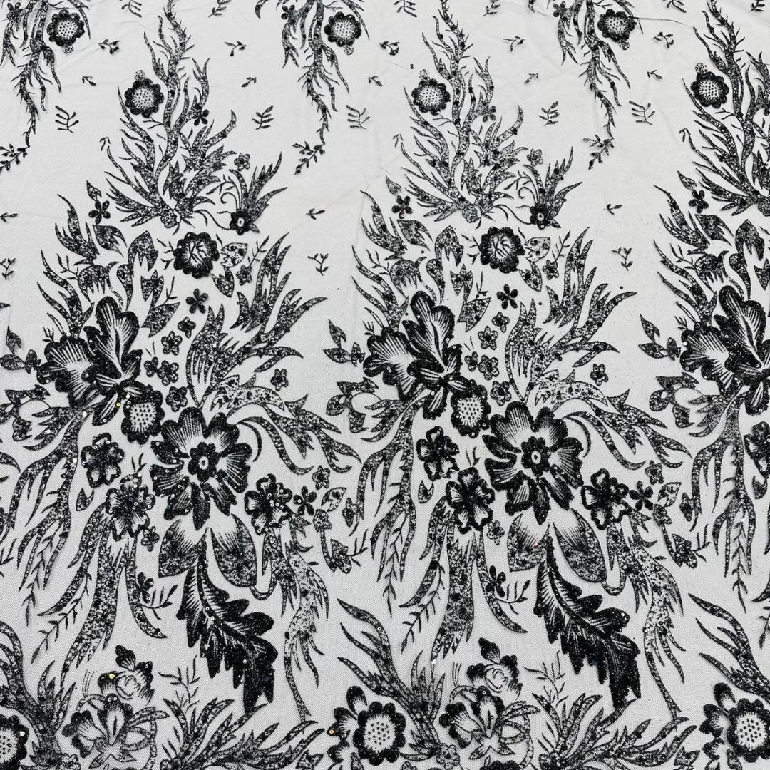Damask Lace - Black - Glitter Big Damask Design Fabric 58” Wide For Quinsiañera Dresses - Prom Dress Sold By The Yard