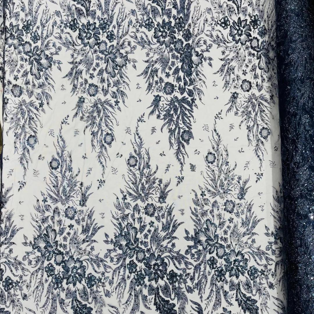 Damask Lace - Navy - Glitter Big Damask Design Fabric 58” Wide For Quinsiañera Dresses - Prom Dress Sold By The Yard