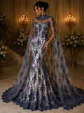 Damask Lace - Navy - Glitter Big Damask Design Fabric 58” Wide For Quinsiañera Dresses - Prom Dress Sold By The Yard