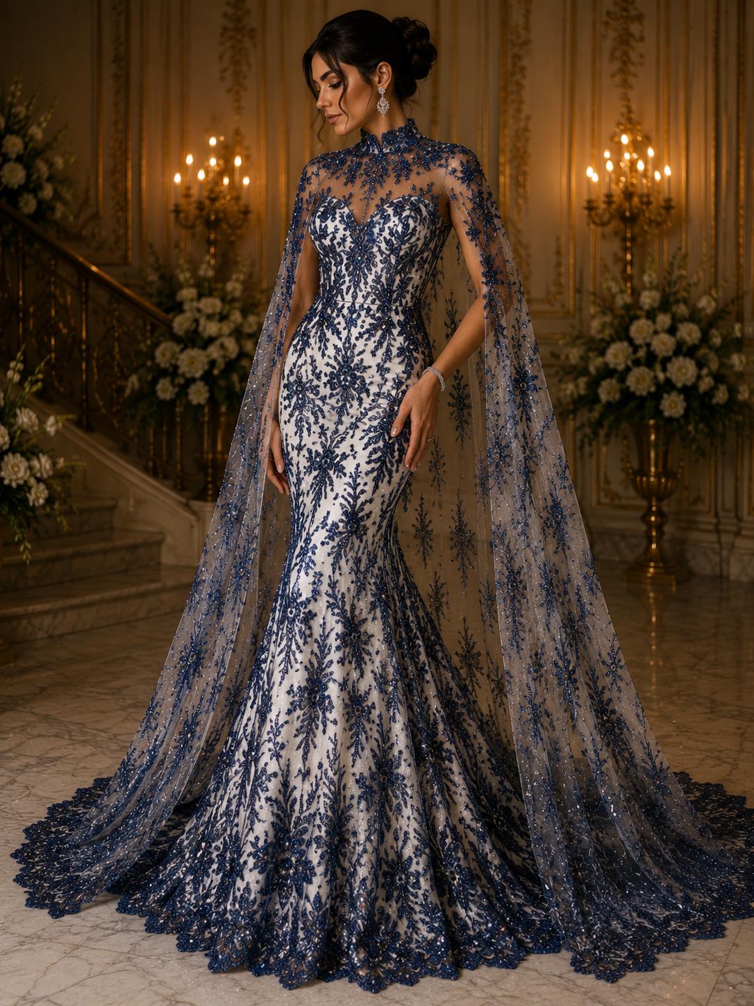 Damask Lace - Navy - Glitter Big Damask Design Fabric 58” Wide For Quinsiañera Dresses - Prom Dress Sold By The Yard