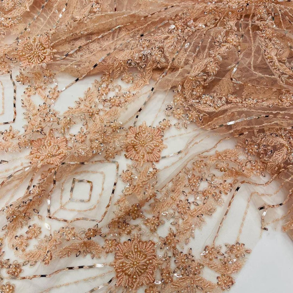 Luxembourg Designs Lace - Peach - Beaded Design with Embroidered Sequins and Beads On a Mesh Lace Fabric for Prom Dress By The Yard
