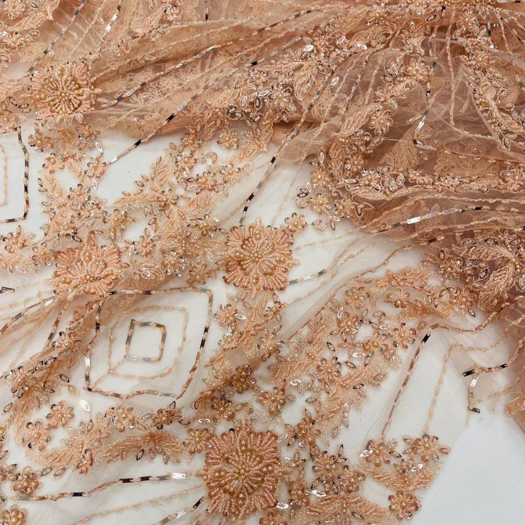 Luxembourg Designs Lace - Peach - Beaded Design with Embroidered Sequins and Beads On a Mesh Lace Fabric for Prom Dress By The Yard
