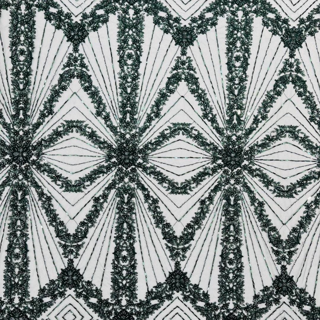 Luxembourg Designs Lace - Hunter - Beaded Design with Embroidered Sequins and Beads On a Mesh Lace Fabric for Prom Dress By The Yard