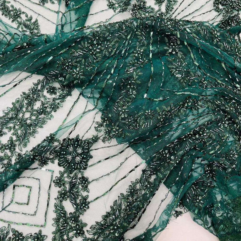 Luxembourg Designs Lace - Hunter - Beaded Design with Embroidered Sequins and Beads On a Mesh Lace Fabric for Prom Dress By The Yard