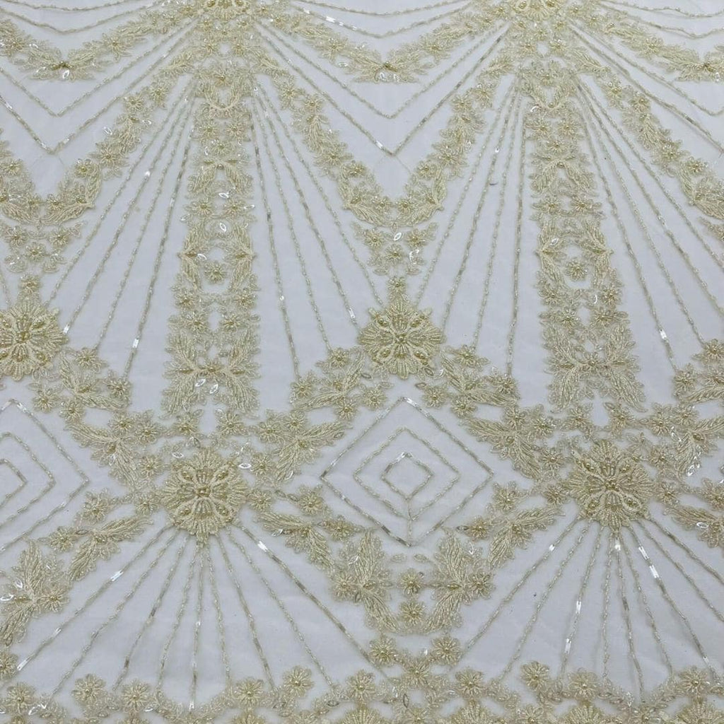 Luxembourg Designs Lace - Ivory - Beaded Design with Embroidered Sequins and Beads On a Mesh Lace Fabric for Prom Dress By The Yard