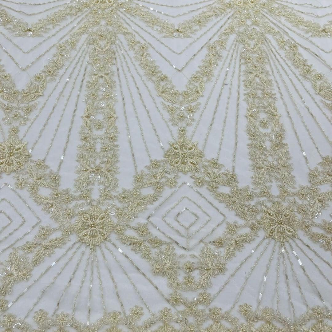 Luxembourg Designs Lace - Ivory - Beaded Design with Embroidered Sequins and Beads On a Mesh Lace Fabric for Prom Dress By The Yard