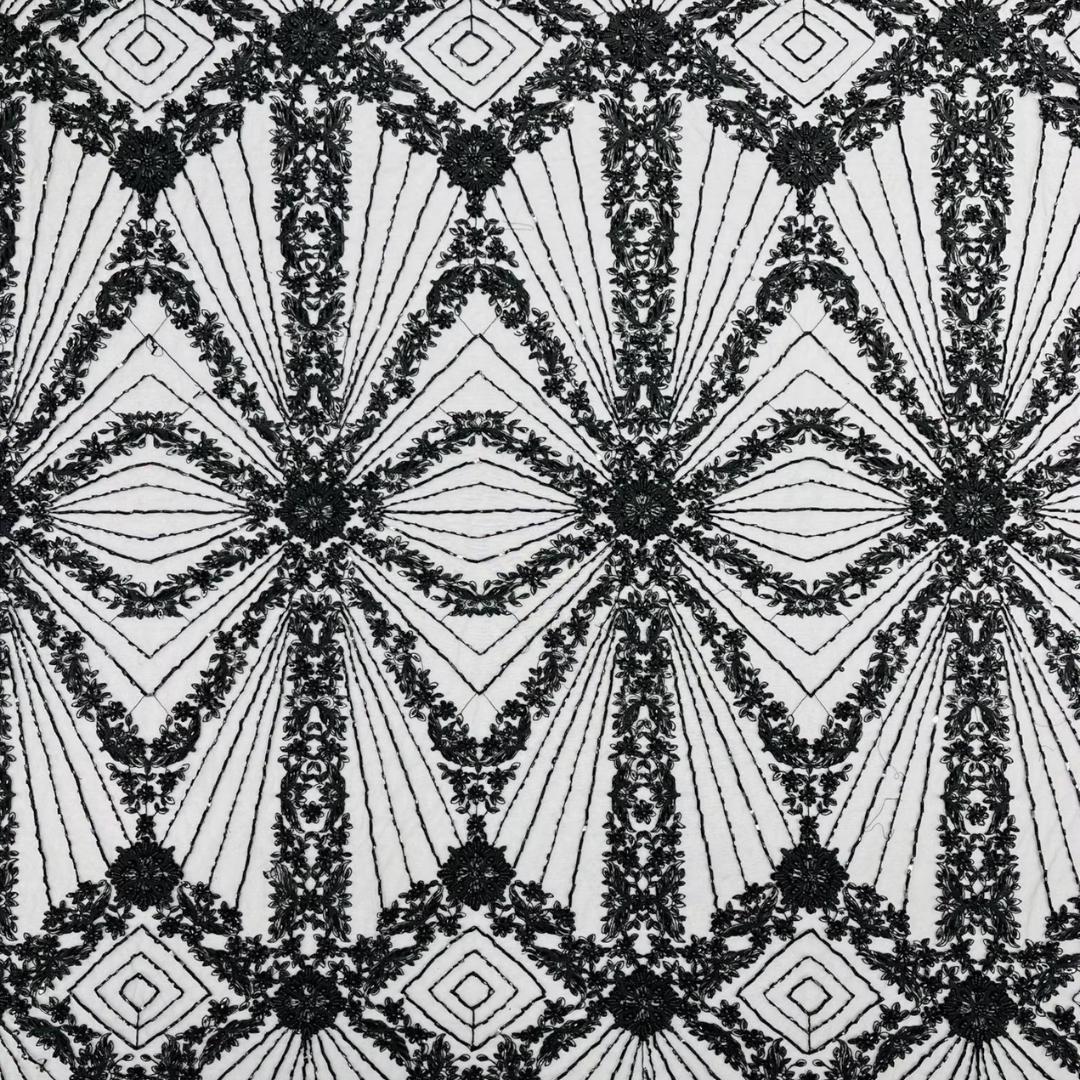 Luxembourg Designs Lace - Black - Beaded Design with Embroidered Sequins and Beads On a Mesh Lace Fabric for Prom Dress By The Yard