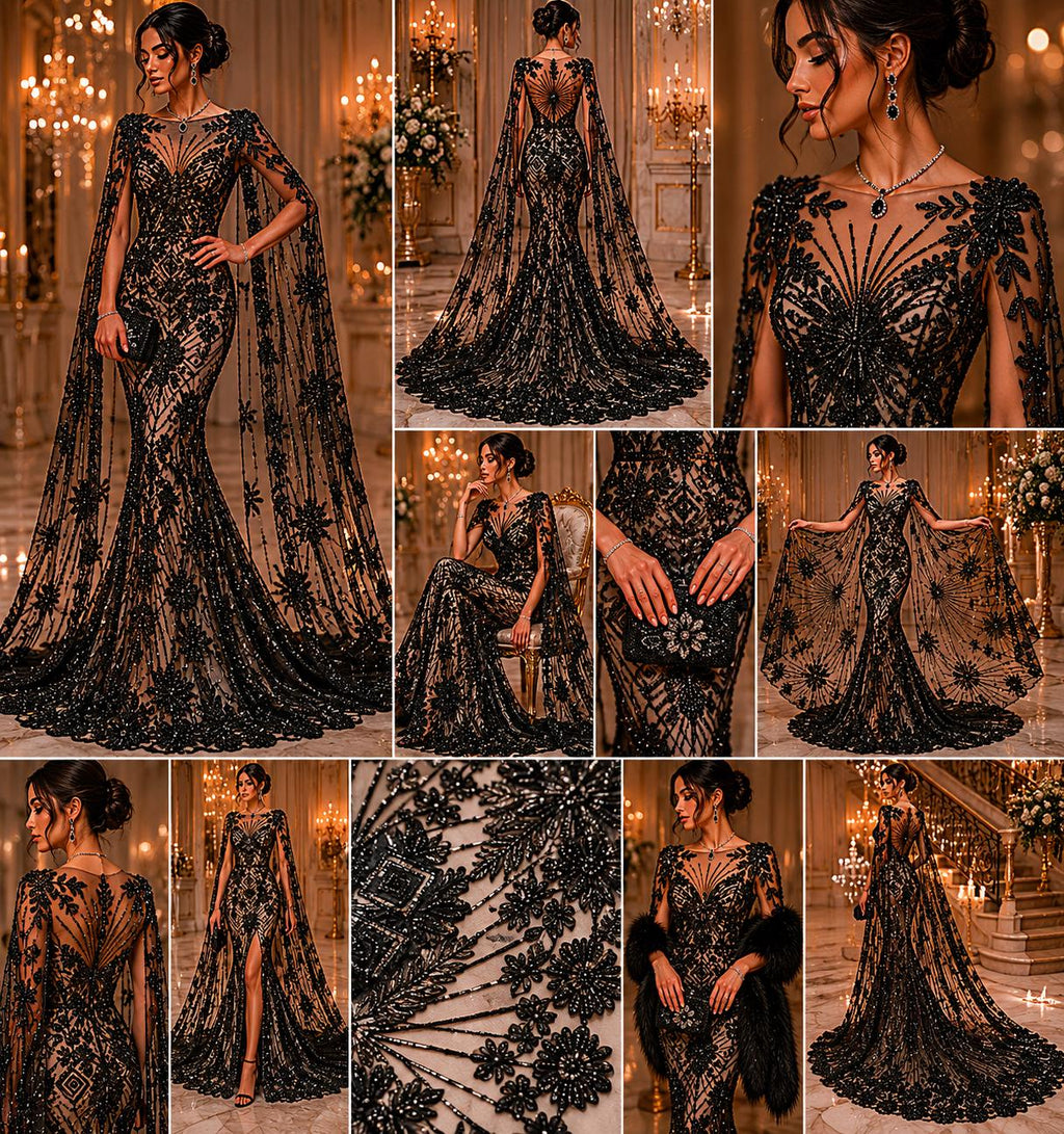 Luxembourg Designs Lace - Black - Beaded Design with Embroidered Sequins and Beads On a Mesh Lace Fabric for Prom Dress By The Yard