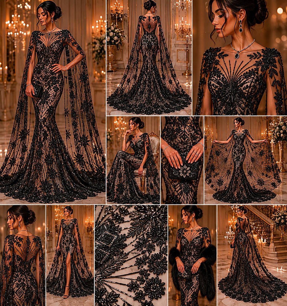 Luxembourg Designs Lace - Black - Beaded Design with Embroidered Sequins and Beads On a Mesh Lace Fabric for Prom Dress By The Yard