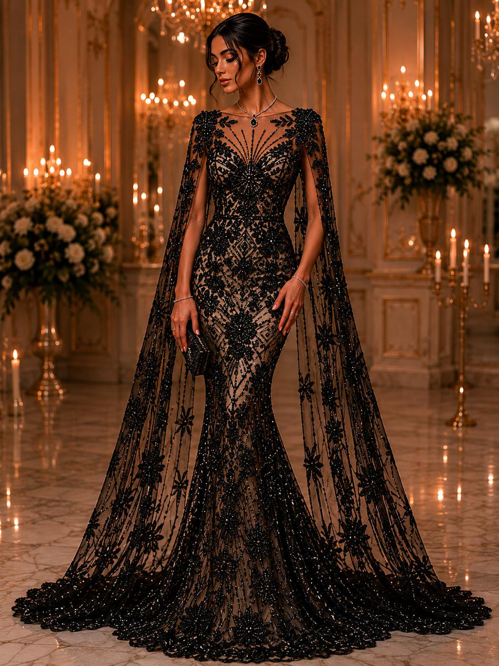 Luxembourg Designs Lace - Black - Beaded Design with Embroidered Sequins and Beads On a Mesh Lace Fabric for Prom Dress By The Yard