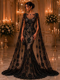 Luxembourg Designs Lace - Black - Beaded Design with Embroidered Sequins and Beads On a Mesh Lace Fabric for Prom Dress By The Yard