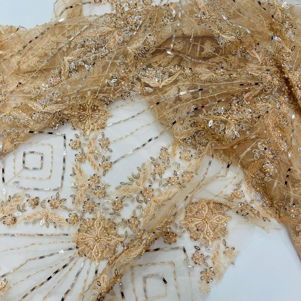 Luxembourg Designs Lace - Blush - Beaded Design with Embroidered Sequins and Beads On a Mesh Lace Fabric for Prom Dress By The Yard
