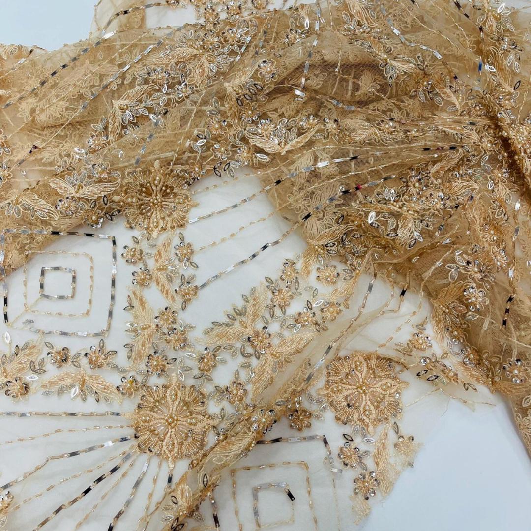 Luxembourg Designs Lace - Blush - Beaded Design with Embroidered Sequins and Beads On a Mesh Lace Fabric for Prom Dress By The Yard