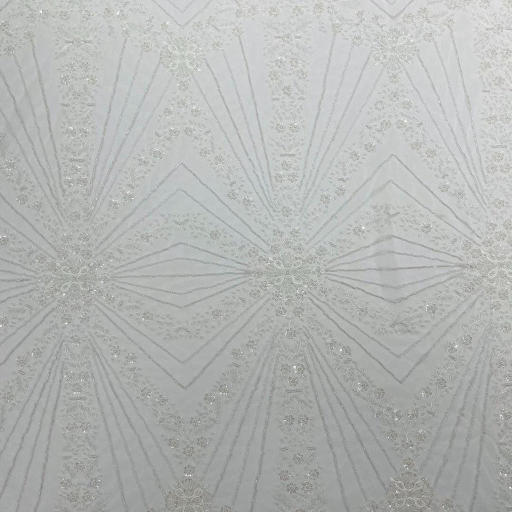 Luxembourg Designs Lace - White - Beaded Design with Embroidered Sequins and Beads On a Mesh Lace Fabric for Prom Dress By The Yard