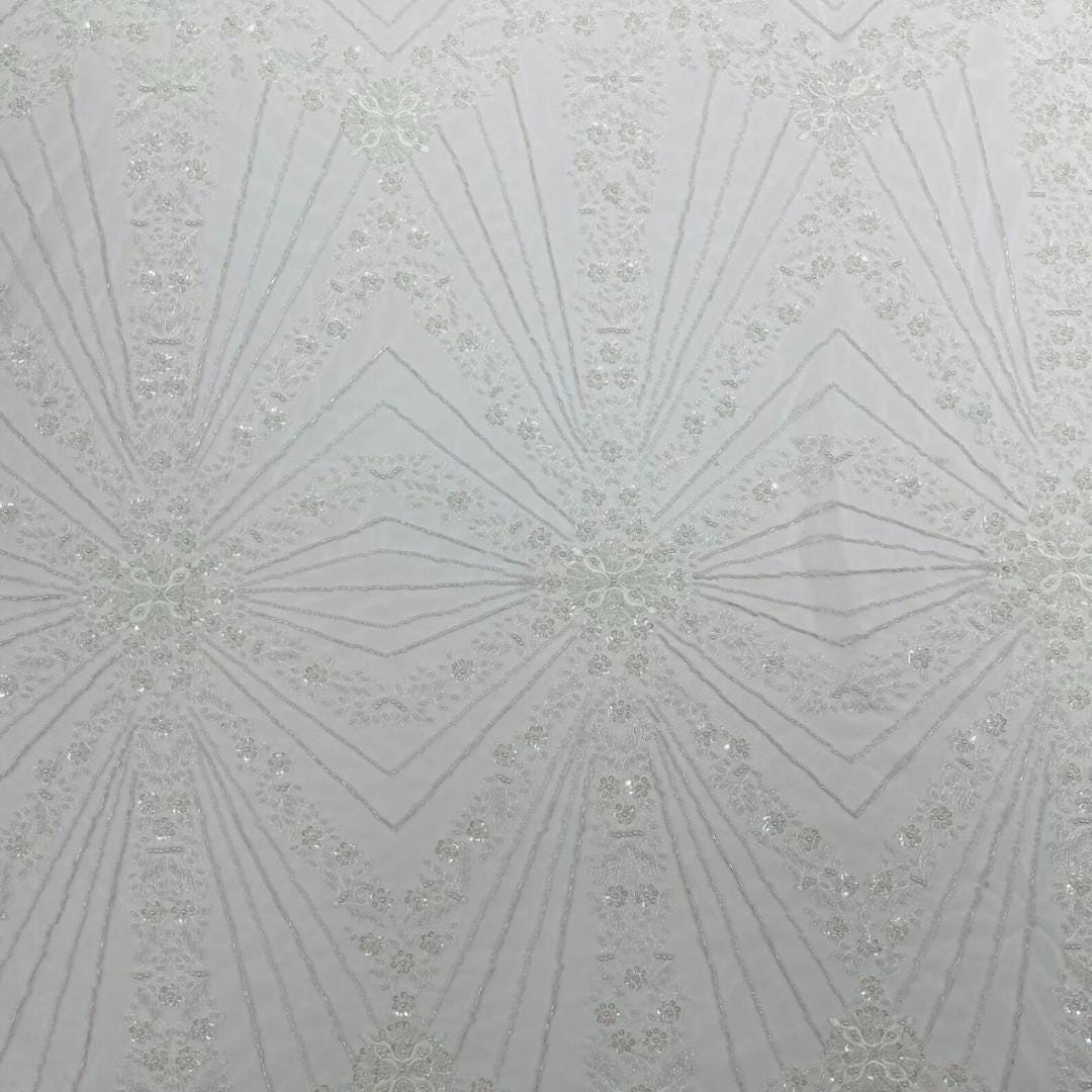Luxembourg Designs Lace - White - Beaded Design with Embroidered Sequins and Beads On a Mesh Lace Fabric for Prom Dress By The Yard