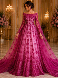 Luxurious Design Lace - Fuchsia- Beaded Design with Embroidered Sequins and Beads On a Mesh Lace Fabric for Prom Dress By The Yard