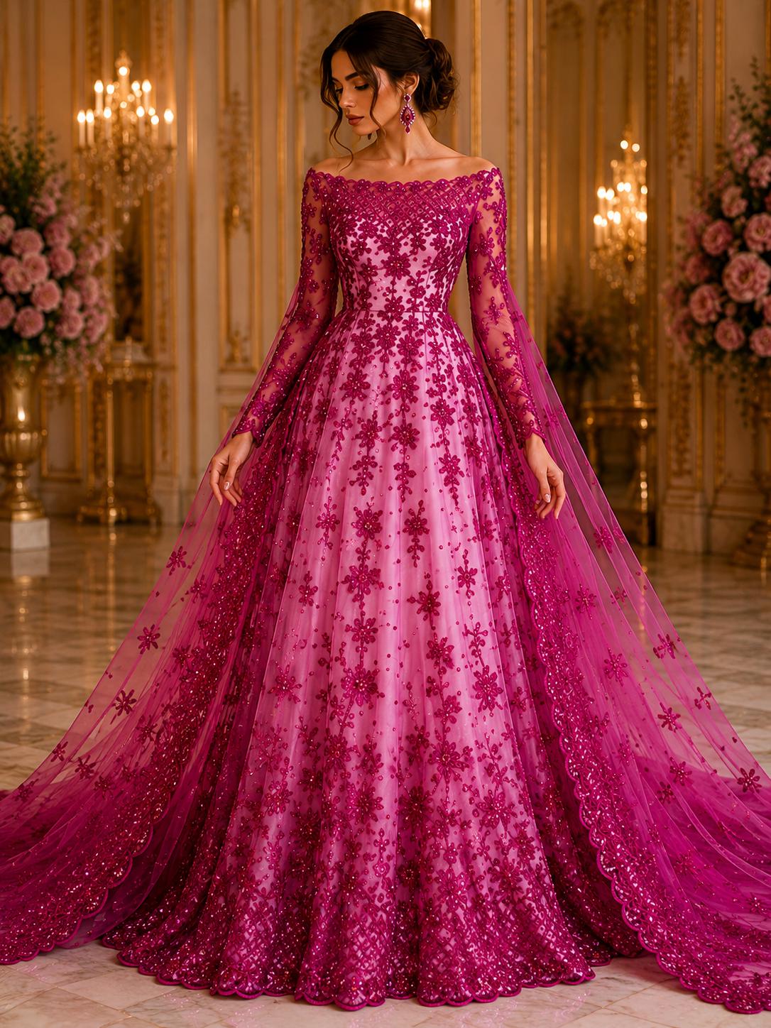 Luxurious Design Lace - Fuchsia- Beaded Design with Embroidered Sequins and Beads On a Mesh Lace Fabric for Prom Dress By The Yard