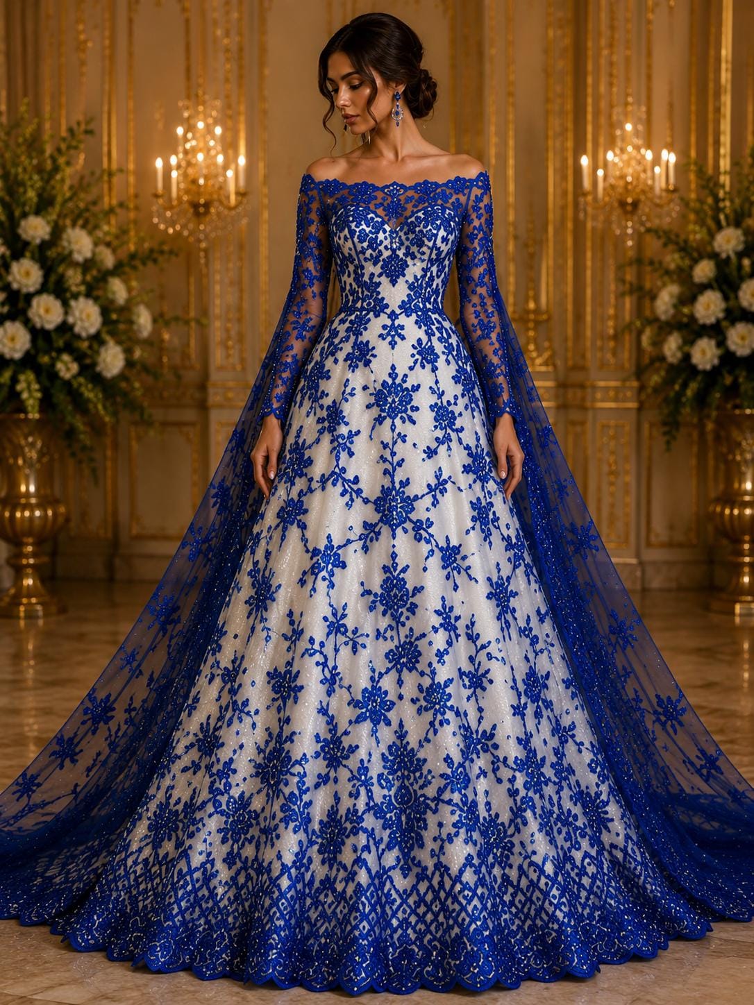 Luxurious Design Lace - Royal Blue - Beaded Design with Embroidered Sequins and Beads On a Mesh Lace Fabric for Prom Dress By The Yard