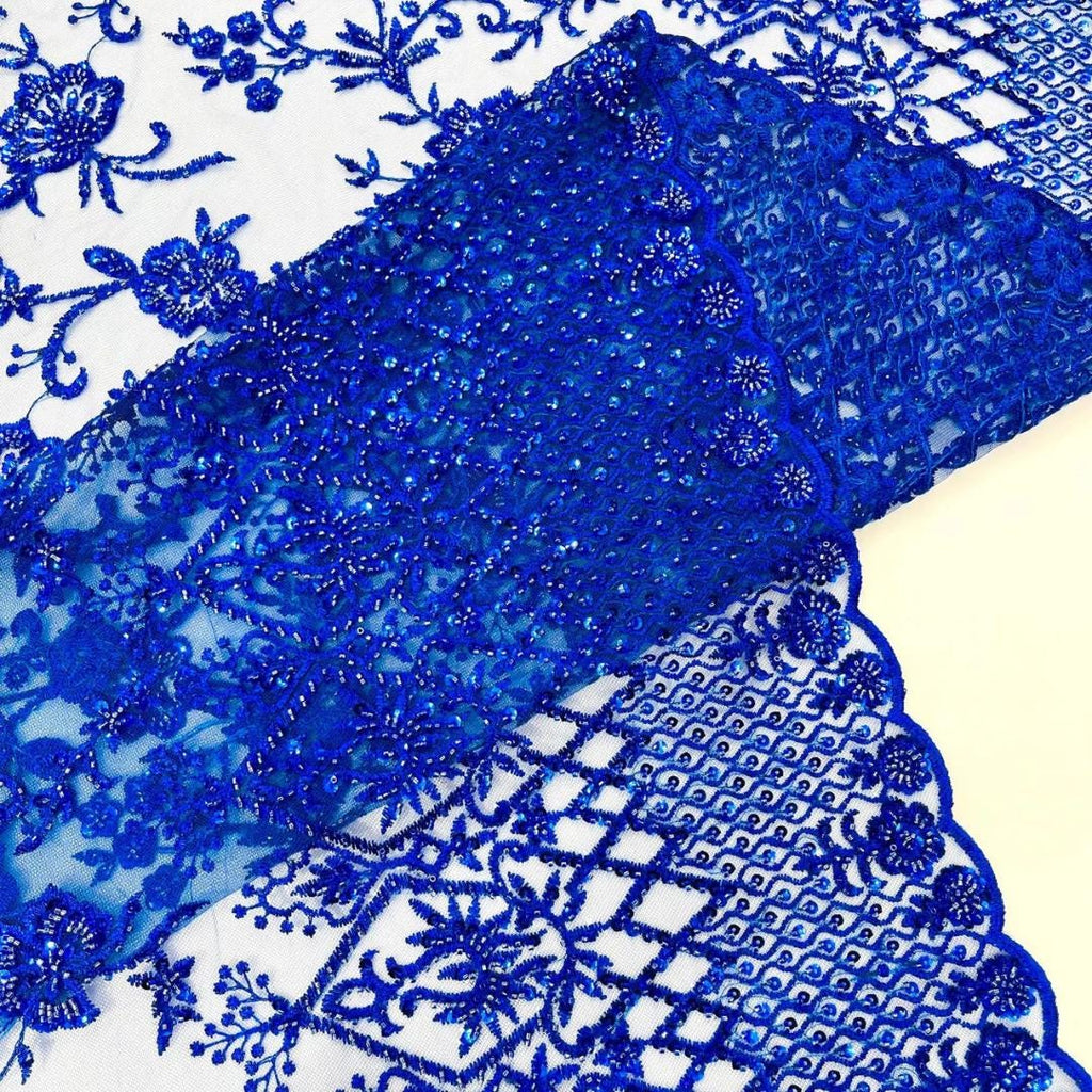 Luxurious Design Lace - Royal Blue - Beaded Design with Embroidered Sequins and Beads On a Mesh Lace Fabric for Prom Dress By The Yard