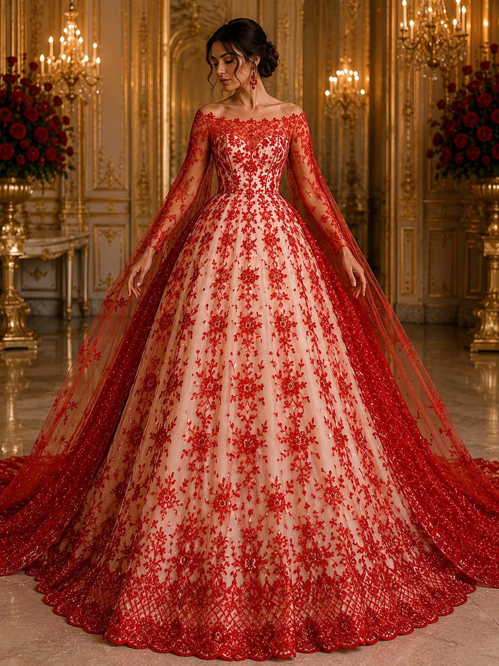 Luxurious Design Lace - Red - Beaded Design with Embroidered Sequins and Beads On a Mesh Lace Fabric for Prom Dress By The Yard