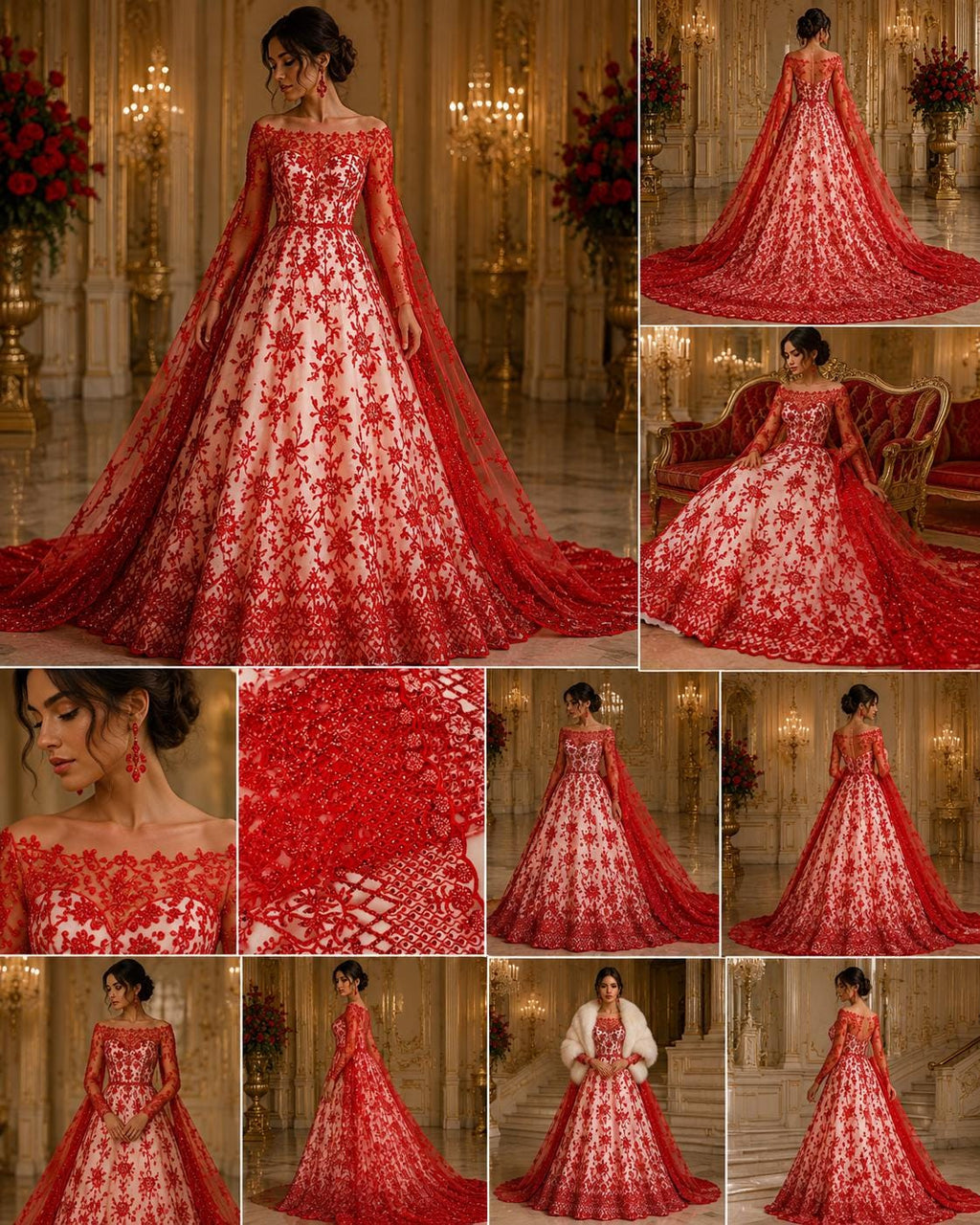 Luxurious Design Lace - Red - Beaded Design with Embroidered Sequins and Beads On a Mesh Lace Fabric for Prom Dress By The Yard