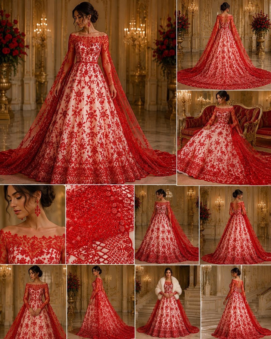 Luxurious Design Lace - Red - Beaded Design with Embroidered Sequins and Beads On a Mesh Lace Fabric for Prom Dress By The Yard