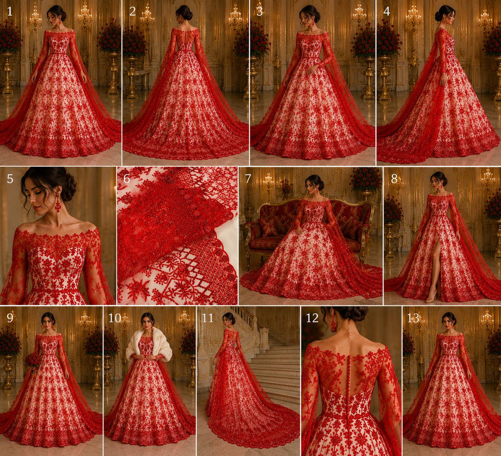 Luxurious Design Lace - Red - Beaded Design with Embroidered Sequins and Beads On a Mesh Lace Fabric for Prom Dress By The Yard