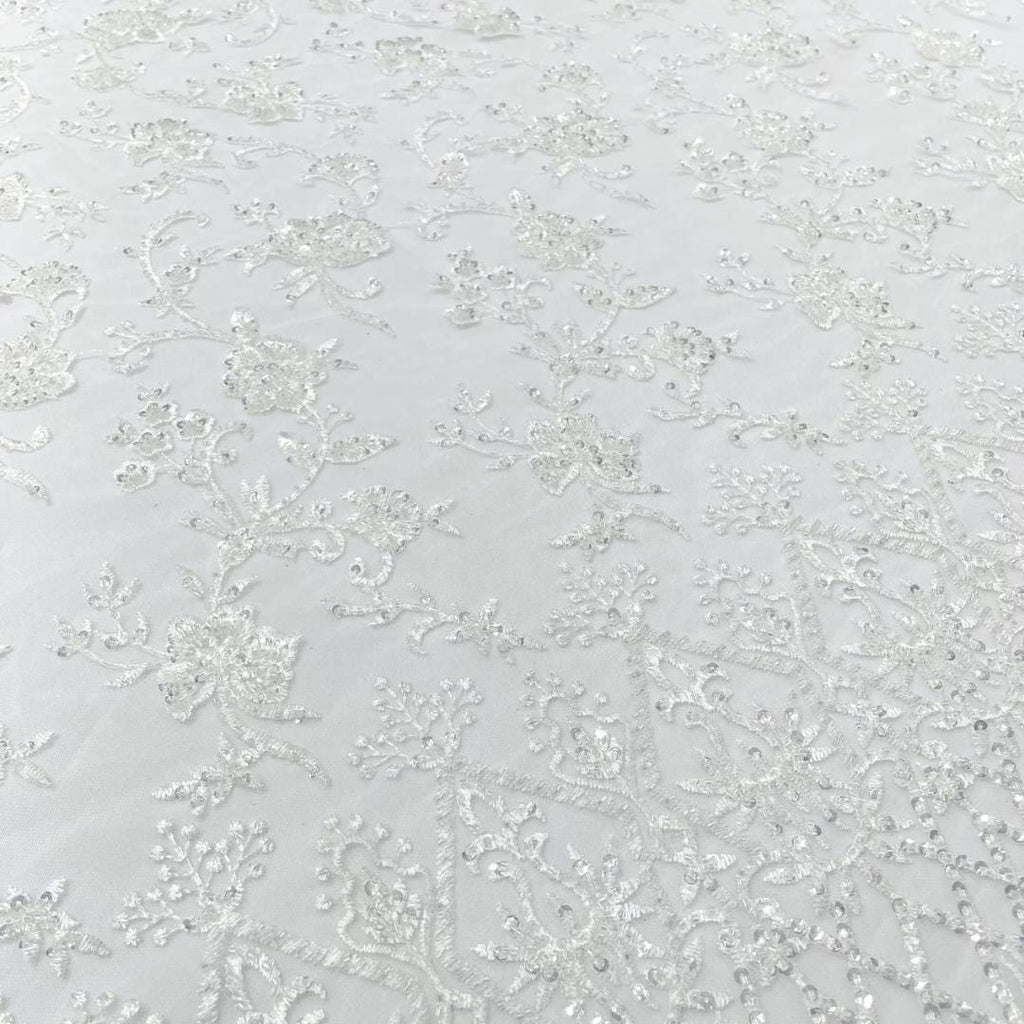 Luxurious Design Lace - White - Beaded Design with Embroidered Sequins and Beads On a Mesh Lace Fabric for Prom Dress By The Yard