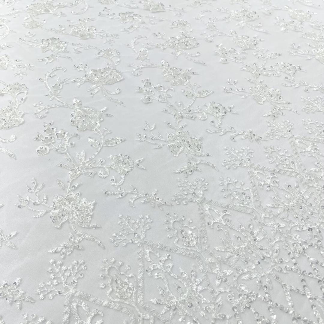 Luxurious Design Lace - White - Beaded Design with Embroidered Sequins and Beads On a Mesh Lace Fabric for Prom Dress By The Yard