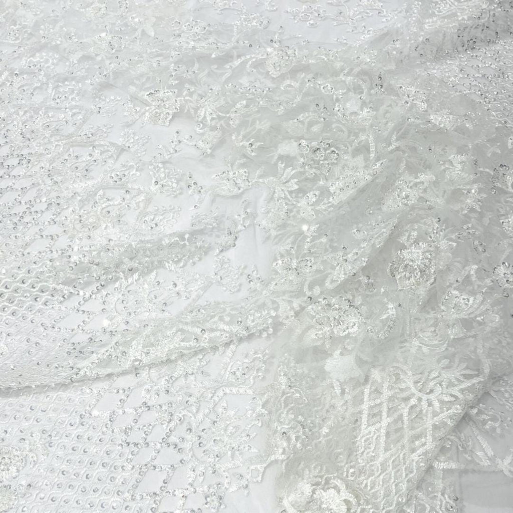 Luxurious Design Lace - White - Beaded Design with Embroidered Sequins and Beads On a Mesh Lace Fabric for Prom Dress By The Yard