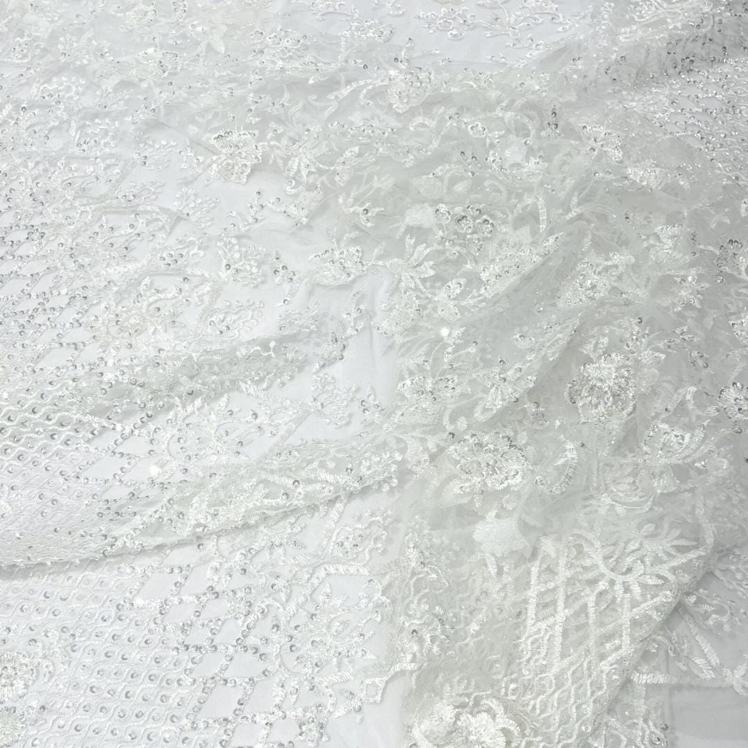 Luxurious Design Lace - White - Beaded Design with Embroidered Sequins and Beads On a Mesh Lace Fabric for Prom Dress By The Yard