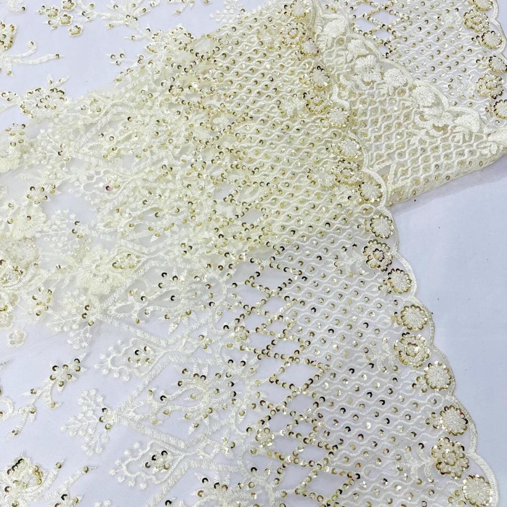 Luxurious Design Lace - Ivory - Beaded Design with Embroidered Sequins and Beads On a Mesh Lace Fabric for Prom Dress By The Yard