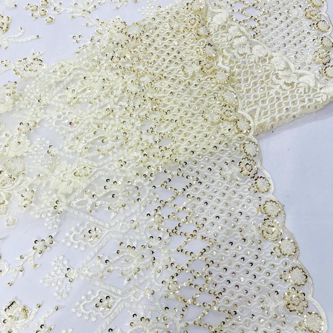 Luxurious Design Lace - Ivory - Beaded Design with Embroidered Sequins and Beads On a Mesh Lace Fabric for Prom Dress By The Yard