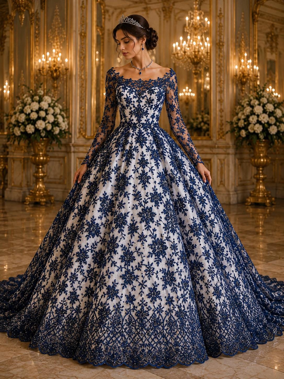 Luxurious Design Lace - Navy - Beaded Design with Embroidered Sequins and Beads On a Mesh Lace Fabric for Prom Dress By The Yard