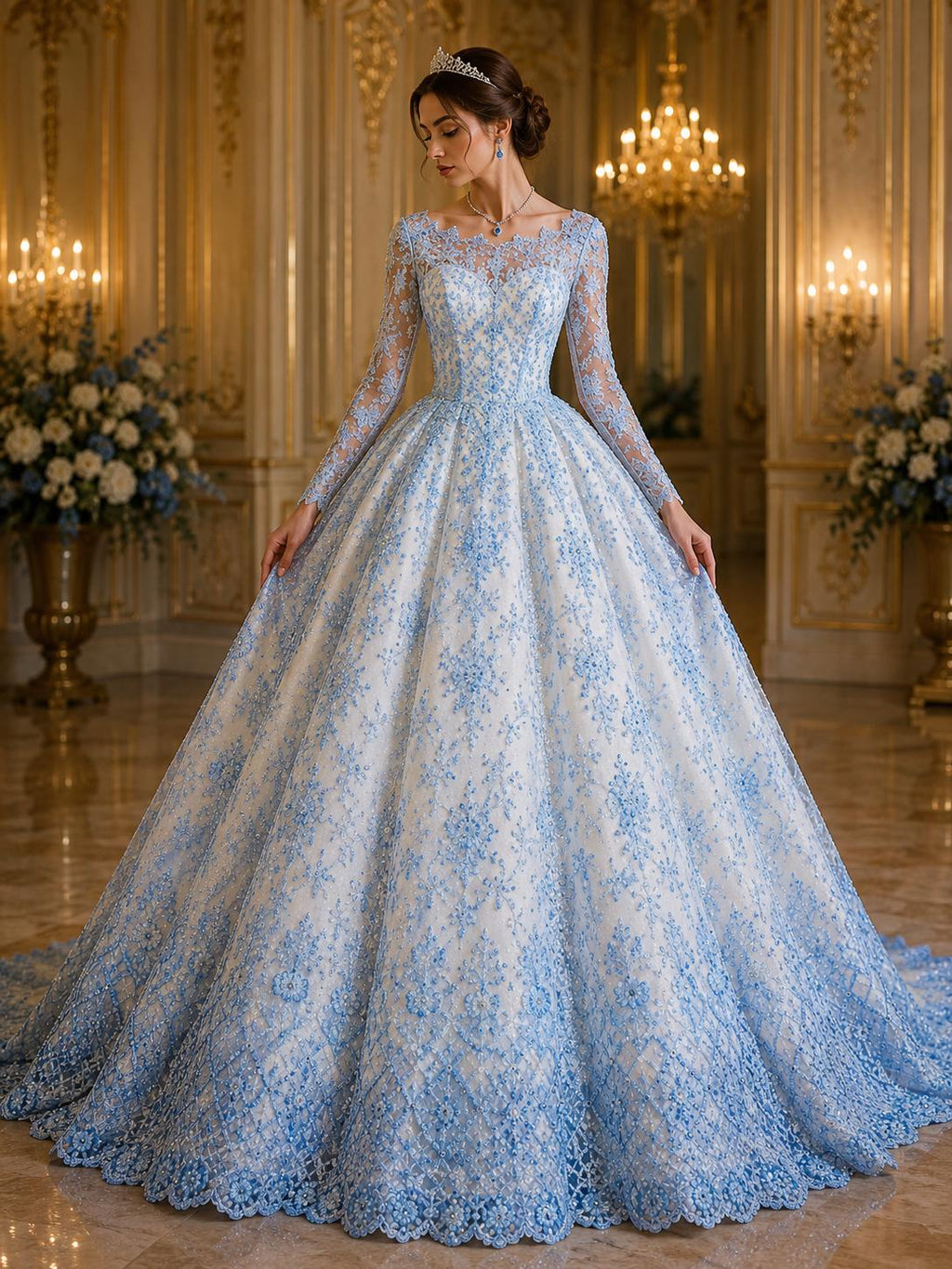 Luxurious Design Lace - Lt Blue - Beaded Design with Embroidered Sequins and Beads On a Mesh Lace Fabric for Prom Dress By The Yard