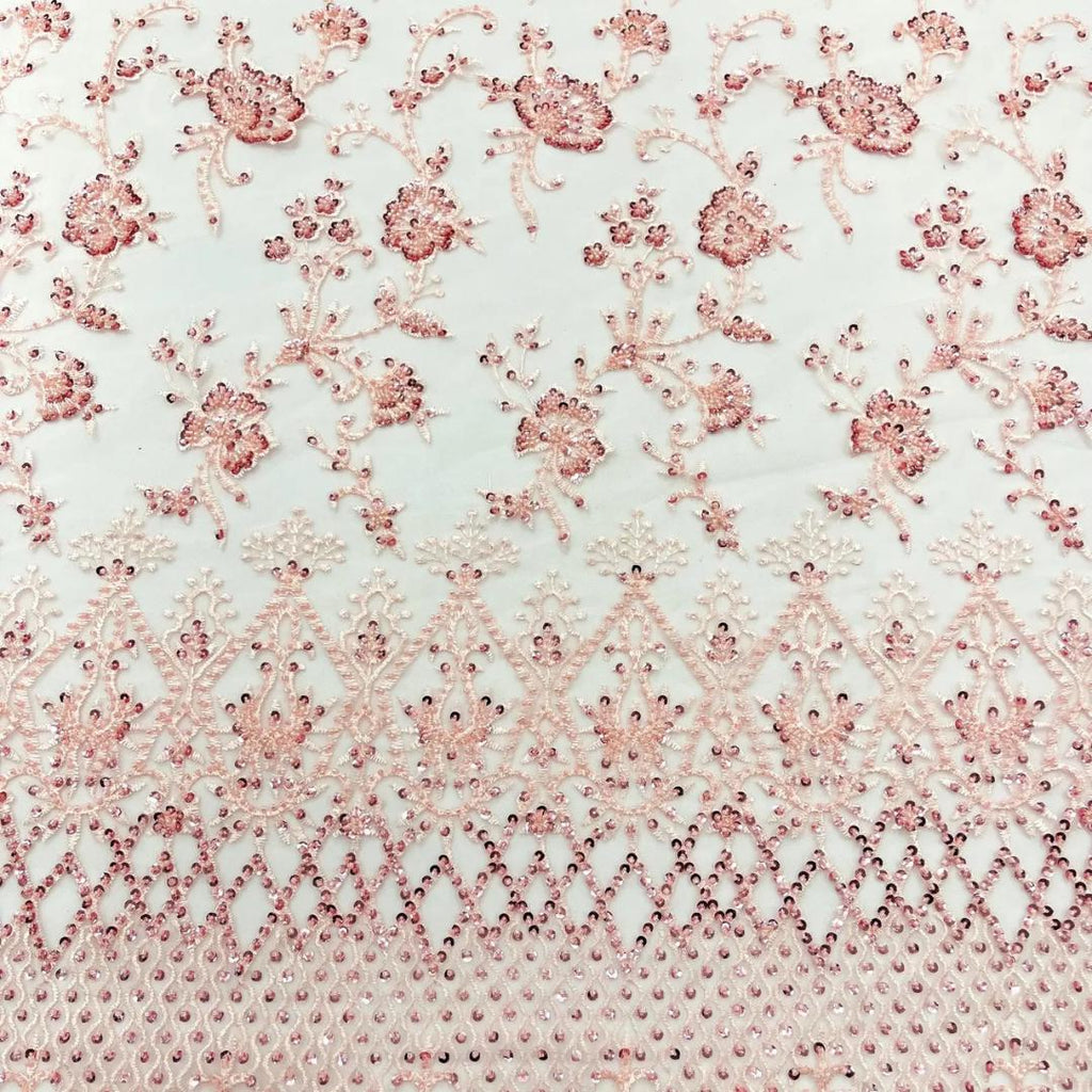 Luxurious Design Lace - Pink - Beaded Design with Embroidered Sequins and Beads On a Mesh Lace Fabric for Prom Dress By The Yard